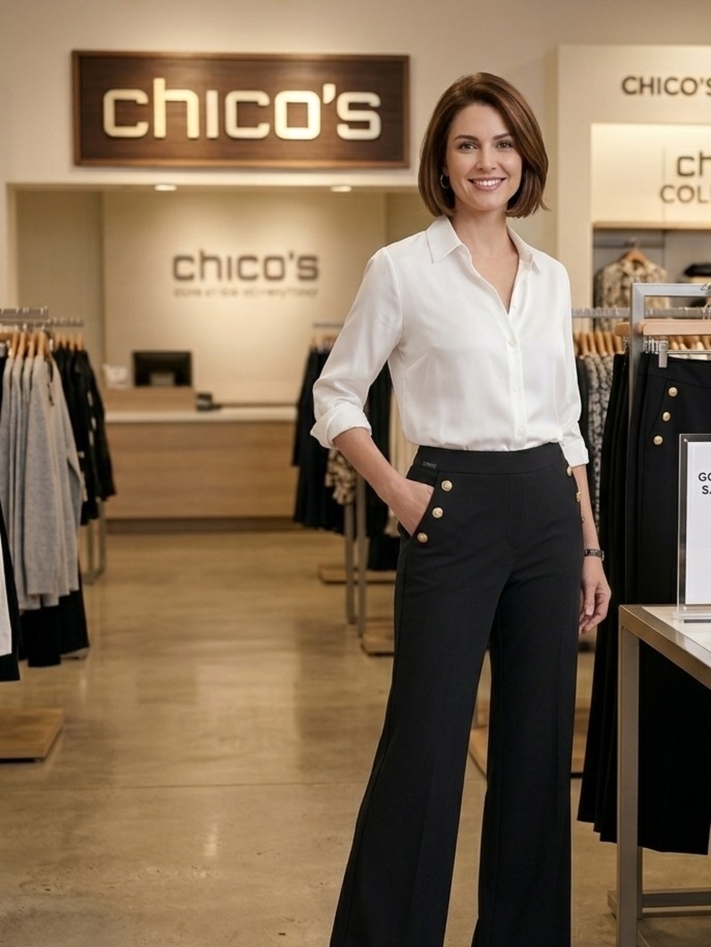 Chico's Black Wide-Leg High-Rise Pants with Gold Buttons